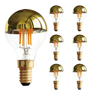 Imagen de bombilla de filamento LED vintage G45 4 W, luz superior con espejo medio oro, blanco cálido 2700 K, base E14, equivalente a 40 vatios, regulable, paquete 6