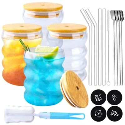 Imagen de KIMIGO Juego de 4 Piezas Tazas Vidrio Burbuja(350ml),Tazas Café con Tapa y Cuchara,Tazas Cristal,Vasos para Té,Café,Leche,Latte,Macchiato