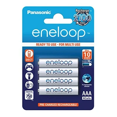 Imagen de Panasonic eneloop, pilas de Ni MH listas para usar, AAA Micro, pack 4 uds., mín. 750 mAh, 2100 ciclos carga, potentes y con baja autodescarga, recargables