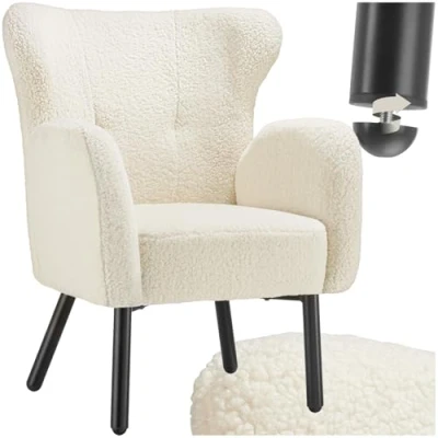 Imagen de TecTake® Sillón Orejero Tapizado en Bouclé, Butaca de Salón, Lectura Acolchado, Silla Diseño Escandinavo con Reposabrazos, Estructura Acero y Topes Antideslizantes, Muebles Salón