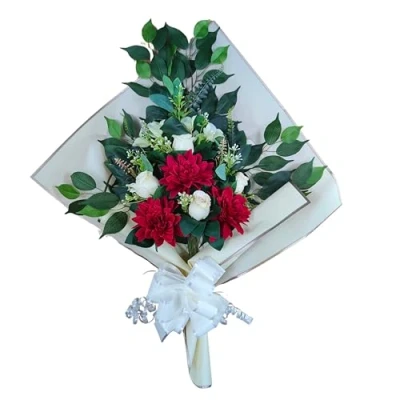 Imagen de DRW Ramo de Flores para Cementerio Artificiales Meter en el Bote Jarron o sobre Sepultura 73x63x20 cm (Dalias Rojas)