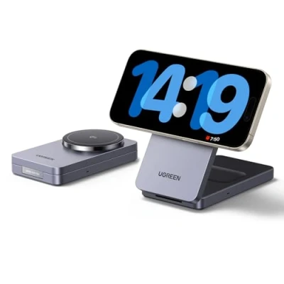 Imagen de UGREEN MagFlow Qi2 15W Cargador Inalámbrico, Estación de Carga Magsafe Auriculares 2 en 1,Compatible con iPhone 16/15/14/13/12 Series, AirPods Pro 2/3