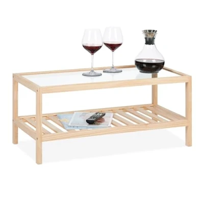 Imagen de Relaxdays Couchtisch mit Glasplatte Mesa de Centro con Tablero Cristal, Mesita Sofá Estante, Madera Pino, Salón, 35x80x40 cm, Natural, 35x40x40 cm