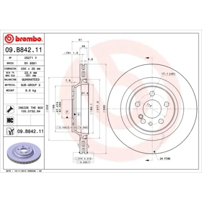 Imagen de BREMBO COATED DISC LINE 09.B842.11 Disco de freno 330 26 5 ventilación interna revestido altamente carbonizado con tornillos