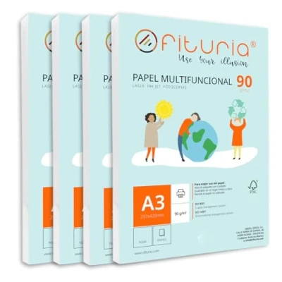 Imagen de Paquete de folios A3 90gr con 1000 Hojas Blancas, Papel Multifuncional para Uso Escolar y Entornos Laborales. Ideal impresoras láser, inyección o fotocopiadoras Ofituria