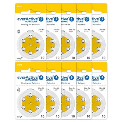 Imagen de everActive 10 60 Pilas para audífonos de Alta Potencia, Zinc Aire, blísteres, 4 años Vida útil, Amarillo, ultrasonic PR70
