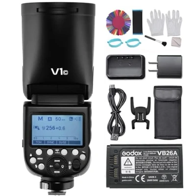 Imagen de Godox V1C Flash de cámara Cabeza Redonda 2.4G inalámbrico 1/8000S HSS con batería Litio 2600 mAh + 24 geles para Canon Serie EOS