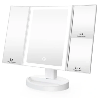 Imagen de Auxmir Espejo Maquillaje con Luz, 1X/5X/10X Aumento de Mesa Tríptico, 34 Luces LED Pantalla Táctil Ajustable, Giratorio 180, Blanco
