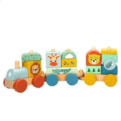 Imagen de WOOMAX Tren Juguete Madera con Animales, Zookabee, 3 vagones, 13 Piezas apilables, Selva, Trenes de Juguetes para niños, Motricidad Fina, niño 18 Meses, Juego apilar, FSC (47584)