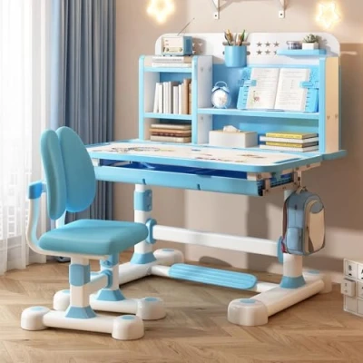 Imagen de Calager Juego de escritorio y silla para niños, estudio altura ajustable, mesa estudiantes escolares con soporte libros, ergonómica