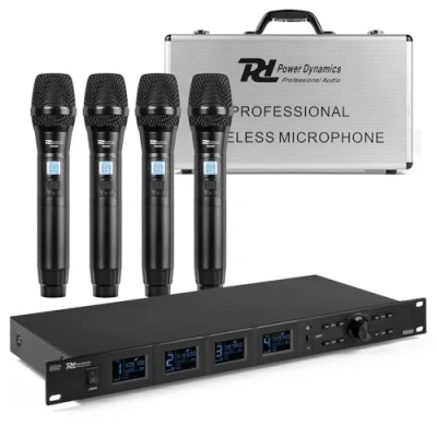 Imagen de Power Dynamics PD524 sistema de microfonía inalámbrica UHF con 4 micrófonos inalámbricos mano, pantalla LCD y salidas XLR, 100 canales, carga USB, micros ideal para actuaciones eventos