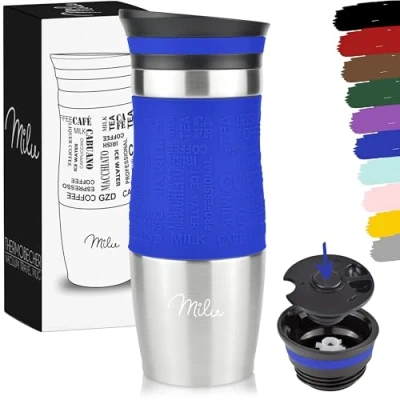 Imagen de Milu Taza aislante de café y té para llevar 370ml 450ml 100% a prueba fugas acero inoxidable beber vaso aislamiento al vacío Caliente frío (Azul, 370ml)