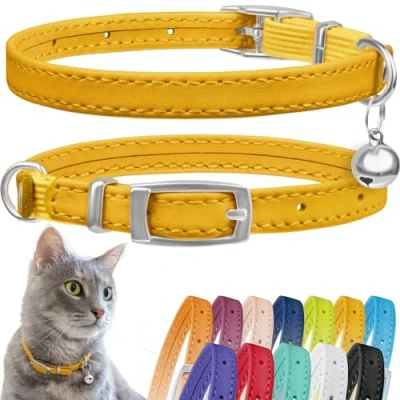 Imagen de CollarDirect Collar de Piel para Gato, Seguridad Gato con Correa elástica, Gatito Campana, Negro, Azul, Rojo, Naranja, (Cuello 6 a 7 Pulgadas, Amarillo)
