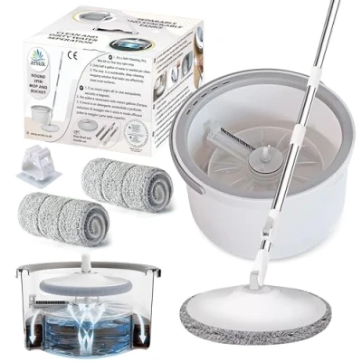 Imagen de ARSUK Juego de manijas para fregona con 2 Cabezales Microfibra súper absorbentes 360 Sistema Recorte automático Barra telescópica Acero Inoxidable (3 en 1 Fregona)