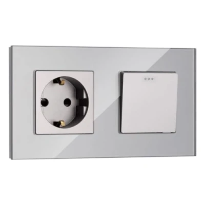 Imagen de Navaris Enchufe con marco de cristal Cubierta 15.5 x 8.5 CM para empotrar en pared Placa doble vidrio enchufes Schuko tipo F Gris
