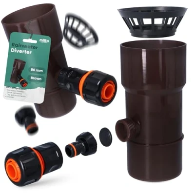 Imagen de Millto™ Colector de Lluvia para Bajante y Depósito DN Ø90 mm Marrón Recuperador Agua con Filtro Desagüe Drenaje Canalón Bajada Conexión Manguera Jardín