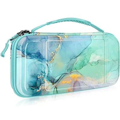Imagen de Fintie Funda Portátil Compatible con Nintendo Switch/Switch OLED (2021) [Antichoque] Estuche Dura para Viaje 10 Ranuras y Bolsillo Interno Joy con, Mármol Verde Dorado