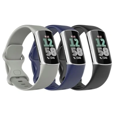 Imagen de Astorgos 3 PZS Correa de Reloj Compatible con Fitbit Charge 6/Fitbit 5 para Mujer Hombre, Pulsera Silicona Suave Repuesto, Negro/Azul Oscuro/Gris Roca