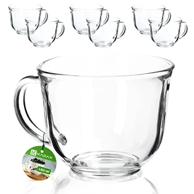 Imagen de KADAX Juego de 6 vasos té con asa 480 ml, aptos para lavavajillas, bebidas frías y calientes, tazas café, zumo cristal (480 ml)