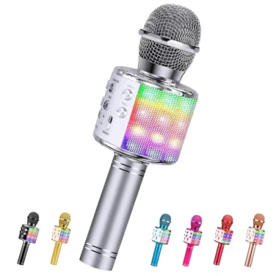 Imagen de ShinePick Microfono Inalámbrico Karaoke, Micrófono Karaoke Bluetooth Portátil con Altavoz y LED para Niños Canta Partido Musica, Compatible Android/iOS PC, AUX o Teléfono Inteligente (Plata)