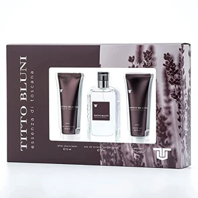 Imagen de TITTO BLUNI Essenza di Toscana, Perfume 75 ml + Gel de Baño After Shave ml, Estuche Regalo para Hombre, Colonia Perfumada, Eau Toilette Masculina, Fresca, Madera y Larga Duración