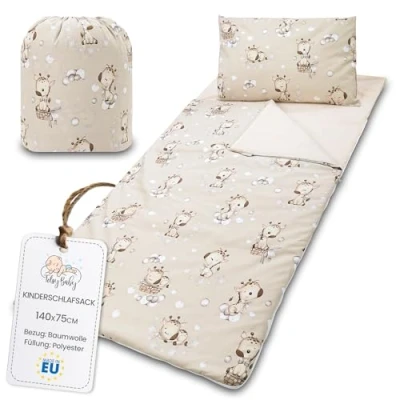 Imagen de saco de dormir infantil con almohada y cremallera para bebés 3 a 7 años interiores 140 x 75 cm guardería jardín infancia tipo manta Jirafas