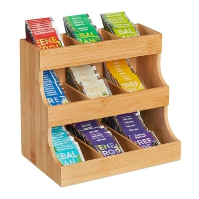 Imagen de Relaxdays Organizador Bolsitas Té 9 Compartimentos, Bambú, 24x27x17,5cm, Cápsulas Café, Estante Vertical, Natural, Tablero de Fibras