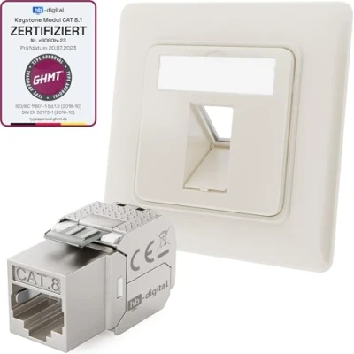 Imagen de hb digital Enchufe de red CAT 8 1 puerto RAL9010 blanco puro + módulo RJ45 Keystone para 5e 6 7 2000 MHz 40 Gbps STP