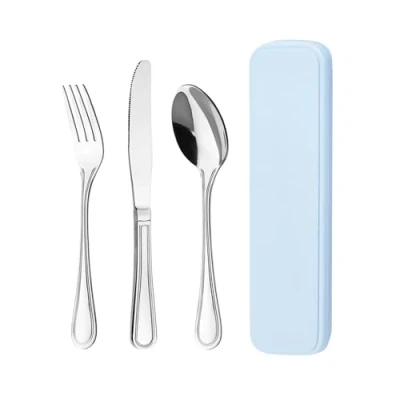 Imagen de Estuche de cubiertos camping, con cuchara, tenedor y cuchillo mesa acero inoxidable. para llevar al trabajo, viaje, acampadas campamento. Porta cubiertos, reutilizable.