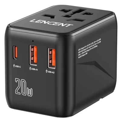 Imagen de LENCENT Adaptador de Viaje Universal PD20W, Cargador Internacional con 2 Puertos USB y Carga Rápida Tipo C, Pared Mundial para Móviles, Tabletas, Ordenador Portátil, USA/UK/EU/AUS, Blanco