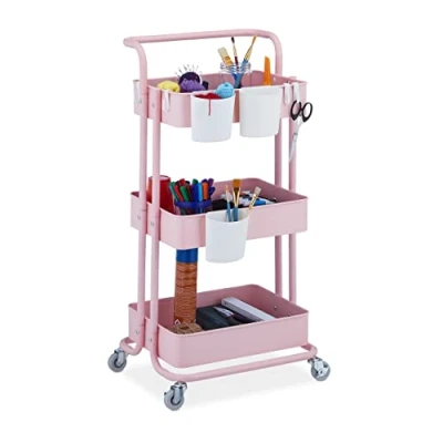 Imagen de Relaxdays Carrito Auxiliar, 3 Niveles, 2 Frenos, Multiusos para Cocina y Oficina, Camarera 86x38x39 cm, Metal, Rosa, Acero