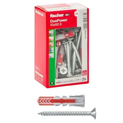 Imagen de Fischer DuoPower 25 tacos con tornillo, 10 x 50 mm, para pared completa, ladrillo perforado, cartón yeso, 537648