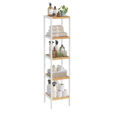 Imagen de SONGMICS Estantería de Baño 5 Niveles bambú, Estrecha, Multifuncional, Esquinera, para Cocina, Sala Estar, Dormitorio, Pasillo, Blanco Nube y Beige Natural BCB055N01
