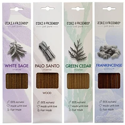 Imagen de Paquete de varillas incienso Jiri and Friends salvia blanca y palo santo cedro verde frankincense para ahumar, 100% natural