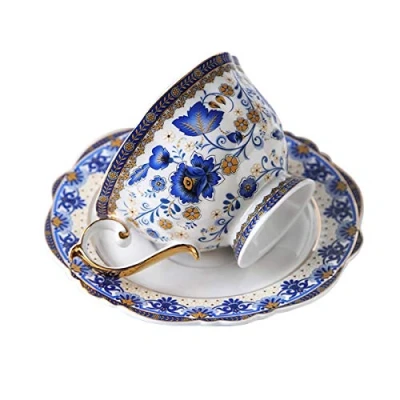 Imagen de fanquare Vintage Taza de Té Flores Azules China Hueso, Juego Café y Platillo Porcelana, 200ml