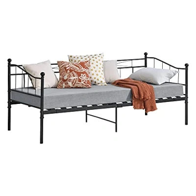 Imagen de [en.casa] Cama con Marco de Metal Arjeplog 90x200cm Simple Individual Reposacabezas y Reposapiés Decorativos Sofá Diván hasta 150 kg Negro Mate