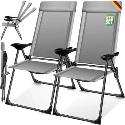 Imagen de KESSER® Juego de 2 Sillas Jardín Plegables Aluminio con Respaldo Alto Ajustable 7 Posiciones, Apoyabrazos Transpirables, Portátiles, Silla Camping para y Terraza, Gris