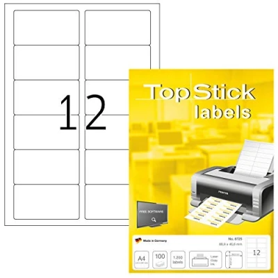 Imagen de TopStick 8725 Etiquetas de dirección A4, paquete 10 (88,9 x 46,6 mm, 1000 hojas, papel, mate) autoadhesivas, imprimible, pegatinas universales permanentes, 12000 adhesivos blancas
