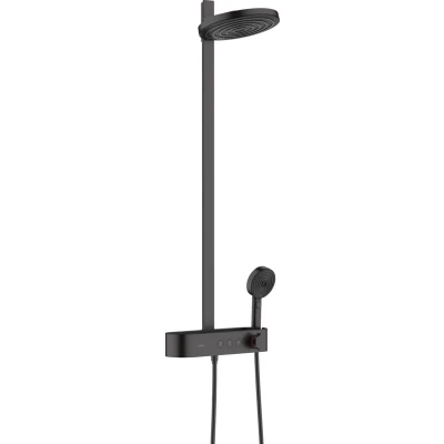Imagen de hansgrohe Pulsify S, sistema de ducha ahorro agua (EcoSmart) con termostato, lluvia 260mm, mano (3 tipos chorro), flexo, barra, fija redondo (2 negro mate