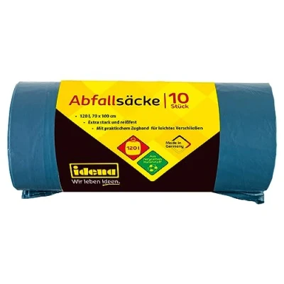 Imagen de Idena 50056 bolsas de basura, azul, 10 unidades, 120 litros, 40µ extra fuerte y resistente a la rotura, con práctico cordón, cordón