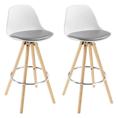 Imagen de WOLTU 2X Taburete de Bar con Respaldo, Marco Madera Maciza Imitación Cuero Alto para Cocina, Bar, Paquete 2 Unidades Gris+Blanco