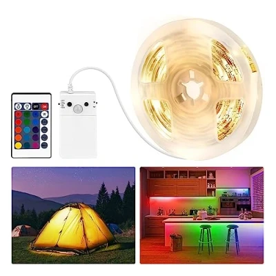 Imagen de Tira LED con detector de movimiento, funciona pilas, 2 m, impermeable RGB+blanco cálido, 120 mando a distancia, sensor movimiento PIR, modo nocturno, luz constante, nocturna