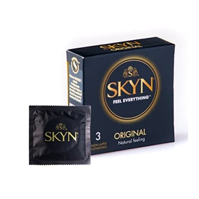Imagen de SKYN SKYNFEEL Preservativos originales sin látex, paquete de 3 unidades, para hombres, tamaño regular, fuertes y delgados, forma recta suave, lubricados, 53 mm ancho