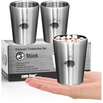 Imagen de com four® 3x vasos de acero inoxidable para niños térmicos 250 ml 304 camping irrompibles aislantes doble pared sin BPA (Erizo 3 piezas)