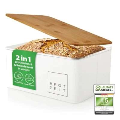 Imagen de Lumaland Panera Vintage en Metal con Tapa Bambú Recipiente para Guardar el Pan Tabla de Cortar Caja Almacenamiento Cocina Rectangular/Blanco