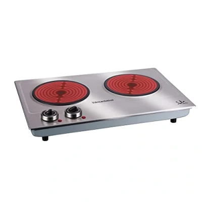 Imagen de Jata V532 Cocina Eléctrica Vitrocerámica 2 Fuegos con Dos Placas de 18 cm, Cuerpo Acero Inoxidable, Termostatos Regulables Temperatura, 2400 W