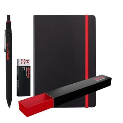 Imagen de rOtring 600 bolígrafos y portaminas multicolor 3 en 1 + cuaderno, puntas de bolígrafo negras rojas punta lápiz mecánico (0,5 mm)