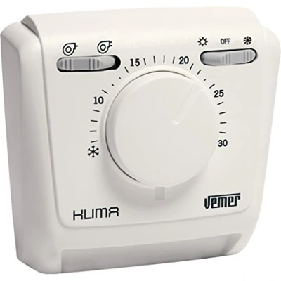 Imagen de VEMER VE024600 KLIMA 2V Termostato Mecánico de Membrana Gas para Fan Coils, Función Calefacción/Aire Acondicionado, Selector 2 Velocidades y Verano/Invierno/OFF, Blanco
