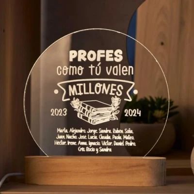 Imagen de DEREGALOOS Lámpara LED personalizada Profe con nombres. Placa de metacrilato profes. Regalo original para Navidad profesores. (Profes como tú valen millones)