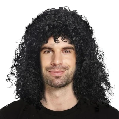 Imagen de XNIVUIS Pelucas Hombre Rock,Pelucas Salmonete Mujer Negro Rizadas Africanas Años 60 70 80 Hippies para Fiestas Carnavales Halloween (Negro)